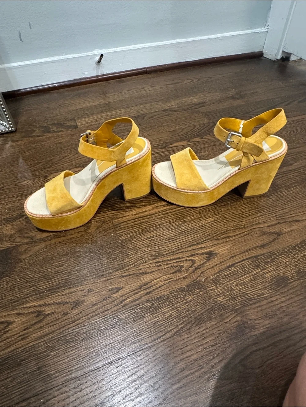 Dolce Vita Platform Suede Ankle-Strap Sandals in Mustard Yellow